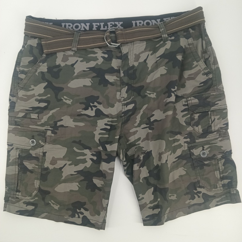 Iron Flex Mens Camo Cargo Shorts Green Camouflage Belted Size 38 Stretch Utility